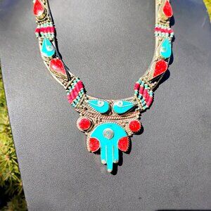 Handcrafted Tibetan Silver Collar Necklace w/Inlay Turquoise & Coral and Beads